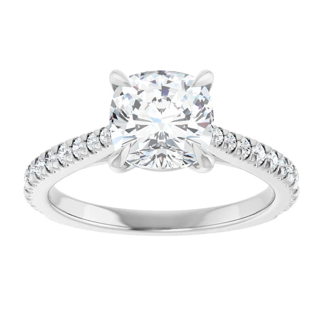 2CT Cushion Cut Solitaire Engagement Ring With Accented Diamond Set in white gold or platinum 