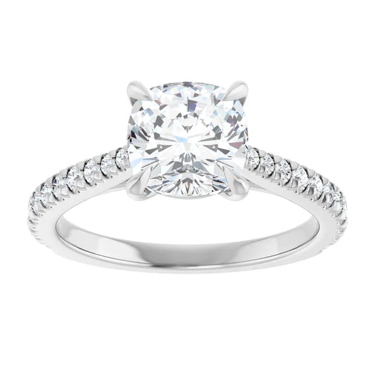 2CT Cushion Cut Solitaire Engagement Ring With Accented Diamond Set in white gold or platinum 