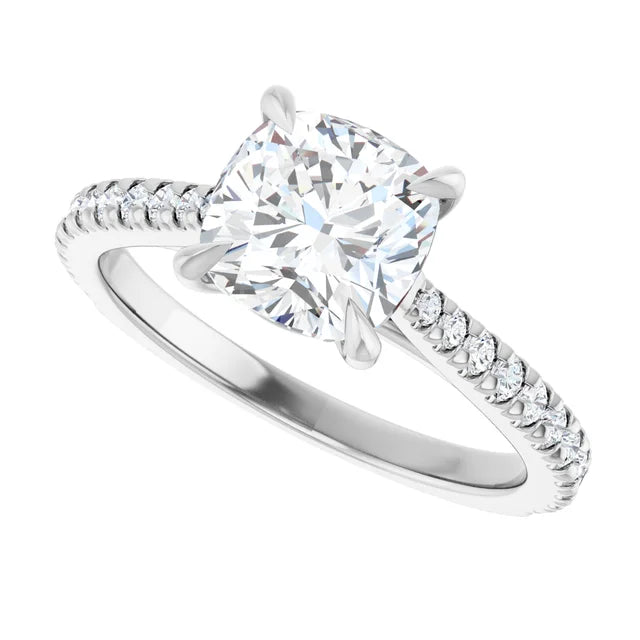 Sideway Picture for 2CT Cushion Cut Solitaire Engagement Ring With Accented Diamond Set in white gold or platinum 