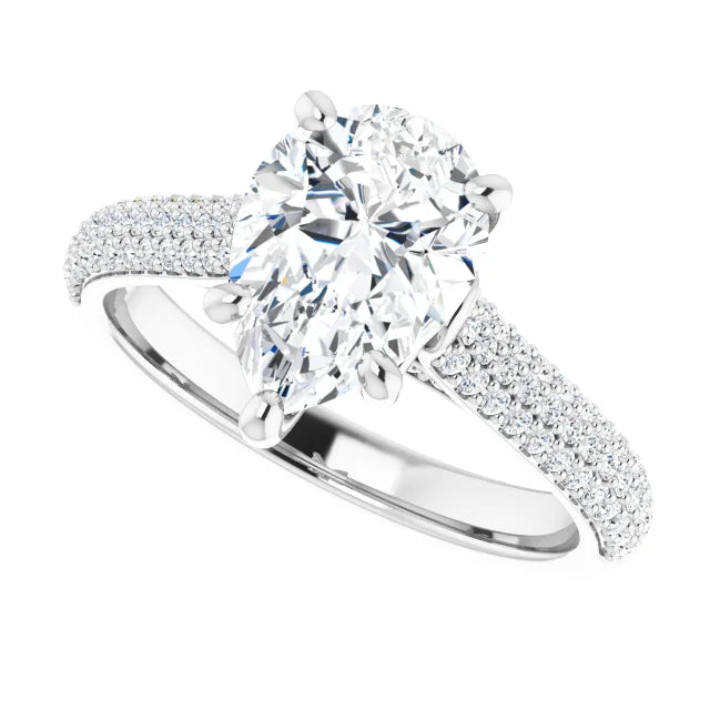 Sideway Picture for 2 CT Hidden Halo Pear Solitaire with Accented Shank Set in white gold or platinum 