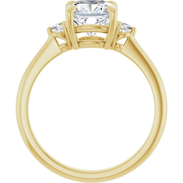 2 CT Three Stones Cushion center stone and round side stones Diamond Engagement Ring set in Yellow Gold showing under gallery 