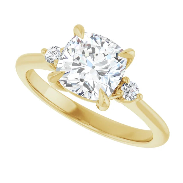 sideway Picture for 2 CT Three Stones Cushion center stone and round side stones Diamond Engagement Ring Set in Yellow Gold