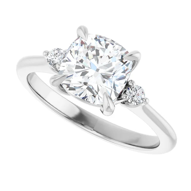 Sideway Picture for 2 CT Three Stones Cushion center stone and round side stones Diamond Engagement Ring Set in white gold or platinum 