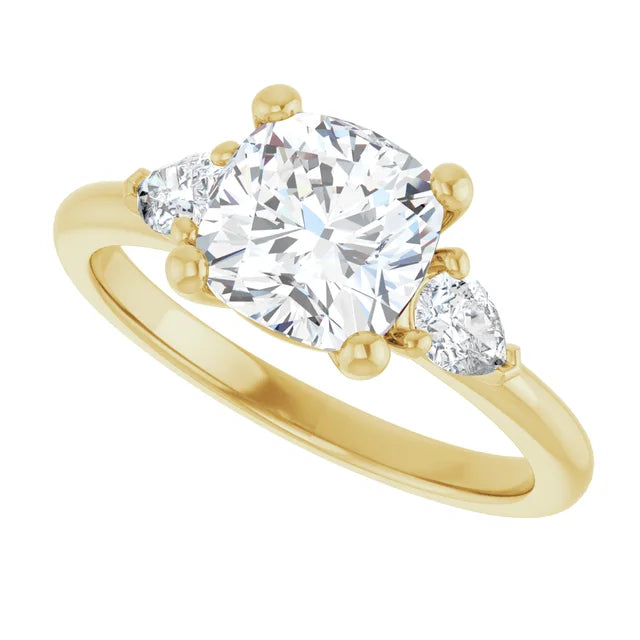 Sideway Picture for 2 CT cushion and Pear three Stone Diamond Engagement Ring Set in Yellow Gold