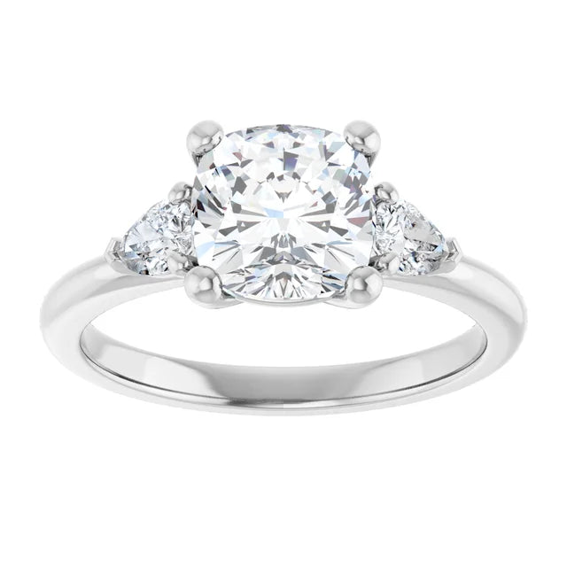 2 CT cushion and Pear three Stone Diamond Engagement Ring Set in white gold or platinum 