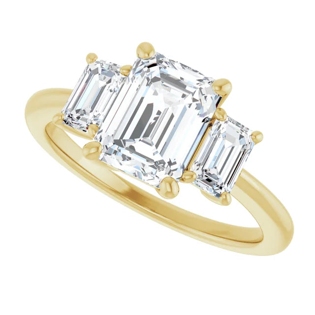 Side view for 2 1/2 CTW three Stones Diamond engagement Ring set in Yellow Gold