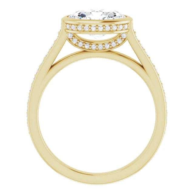 2 1/4 1 1/4 CTW East west Hidden Halo Oval Diamond Engagement Ring Set with accented Shank Set in Yellow Gold showing hidden halo and under gallery 