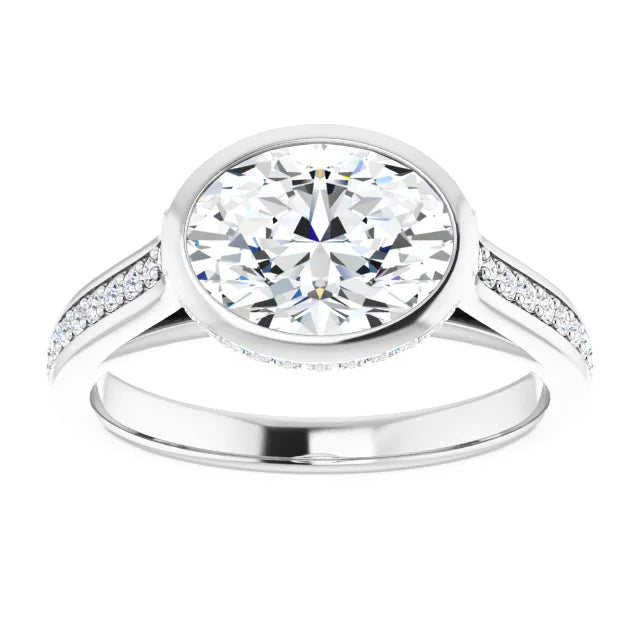 2 1/4 1 1/4 CTW East west Hidden Halo Oval Diamond Engagement Ring Set with accented Shank set in white gold or platinum 