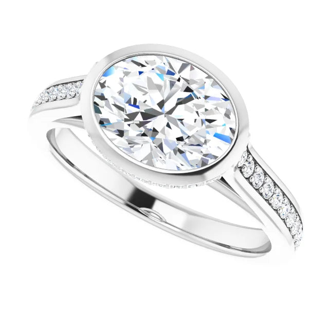 Sideway Picture for 2 1/4 1 1/4 CTW East west Hidden Halo Oval Diamond Engagement Ring Set with accented Shank Set in White gold or platinum 