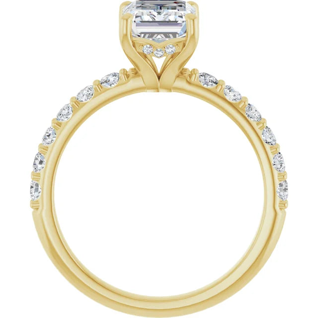 2CT Hidden Halo Emerald Cut Diamond Engagement Ring with accented Shank Set in Yellow Gold showing under Gallery 