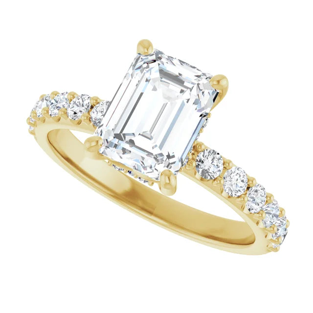 Sideway Picture for 2CT Hidden Halo Emerald Cut Diamond Engagement Ring with accented Shank Set in Yellow Gold