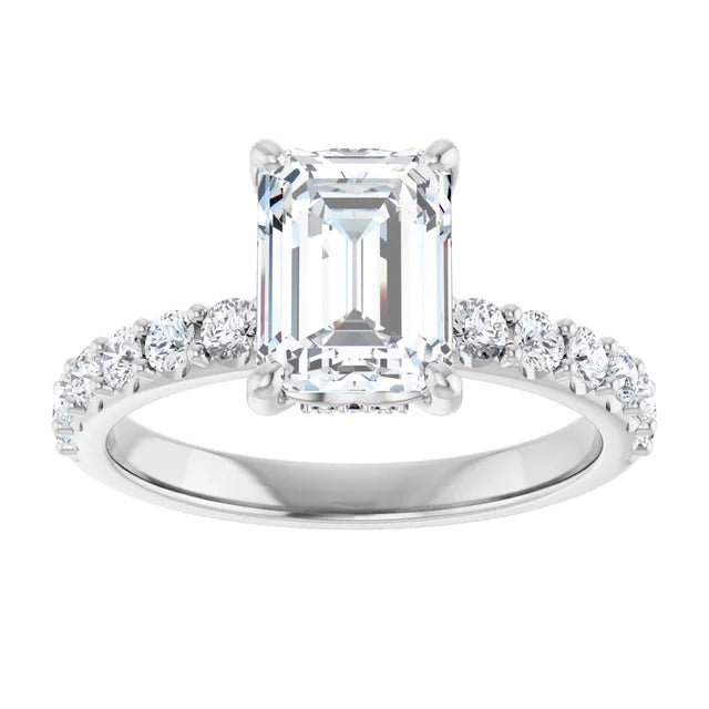 2CT Hidden Halo Emerald Cut Diamond Engagement Ring with accented Shank Set in White gold or platinum 