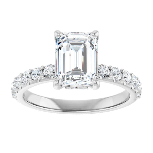 2CT Hidden Halo Emerald Cut Diamond Engagement Ring with accented Shank Set in White gold or platinum 