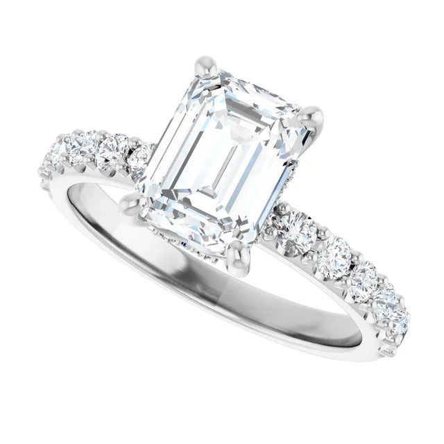 2CT Hidden Halo Emerald Cut Diamond Engagement Ring with accented Shank 