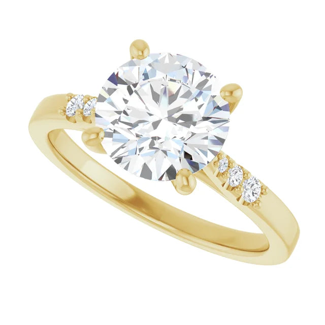 2 Round diamond engagement ring with tapered natural diamond accents in Yellow gold sideway picture showing diamonds on the band in yellow gold