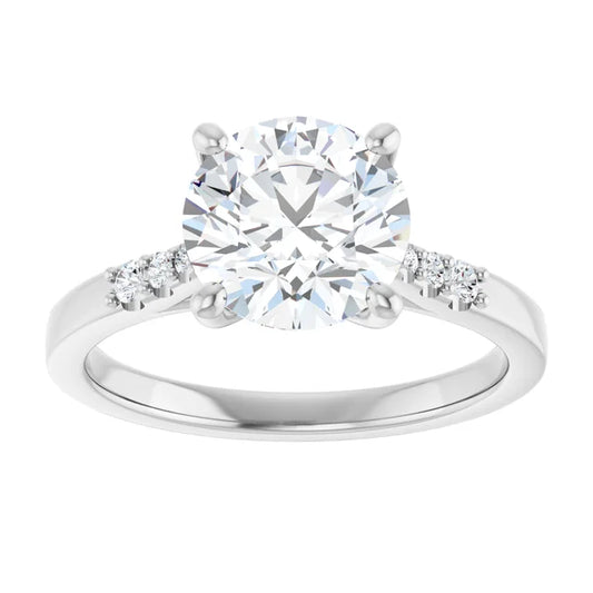 2 Round diamond engagement ring with tapered natural diamond accents in Yellow gold sideway picture showing diamonds on the band in White Gold