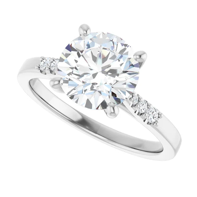 2 Round diamond engagement ring with tapered natural diamond accents in Yellow gold sideway picture showing diamonds on the band in Platinum