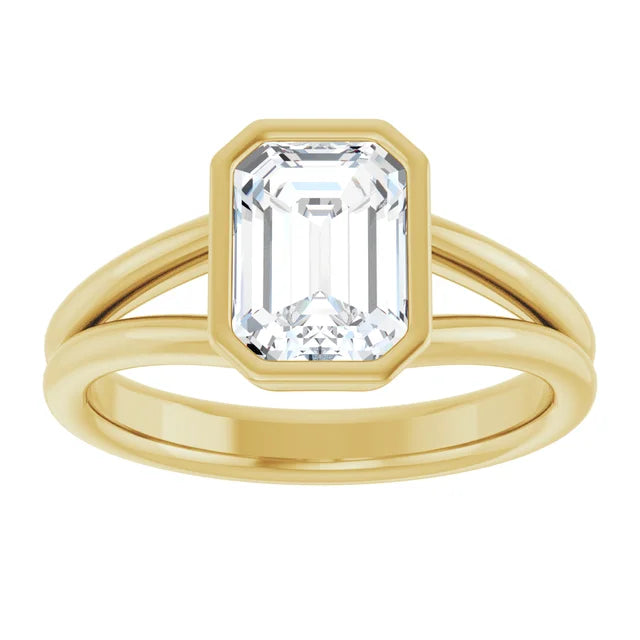 2 CT Bezel Set Split Shank Emerald Cut Solitaire Diamond Engagement Ring 
