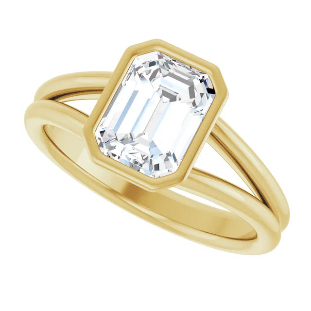 2 CT Bezel Set Split Shank Emerald Cut Solitaire Diamond Engagement Ring Set in Yellow Gold