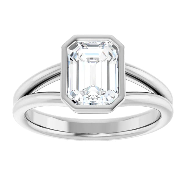2 CT Bezel Set Split Shank Emerald Cut Solitaire Diamond Engagement Ring Set in White gold or platinum 