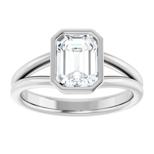2 CT Bezel Set Split Shank Emerald Cut Solitaire Diamond Engagement Ring Set in White gold or platinum 