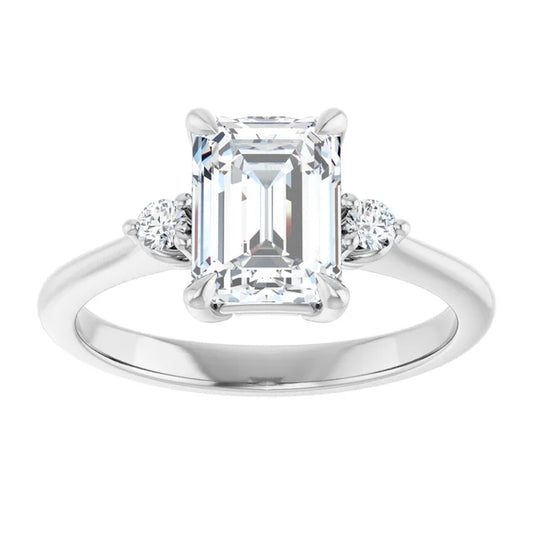 2 CT Three Stone Round and Emerald Diamond engagement Ring Set in Platinum 