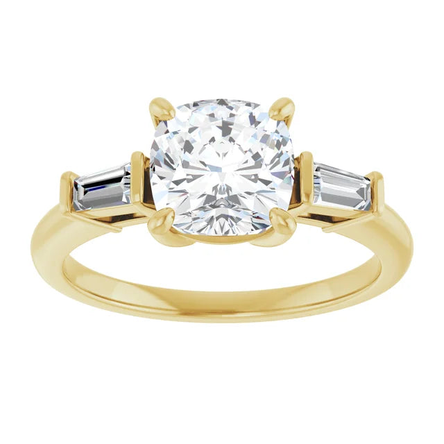 2CT Cushion and baguette three Stone Diamond Engagement Ring 