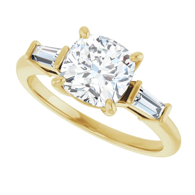 Sideway Picture for 2CT Cushion and baguette three Stone Diamond Engagement Ring Set in Yellow Gold