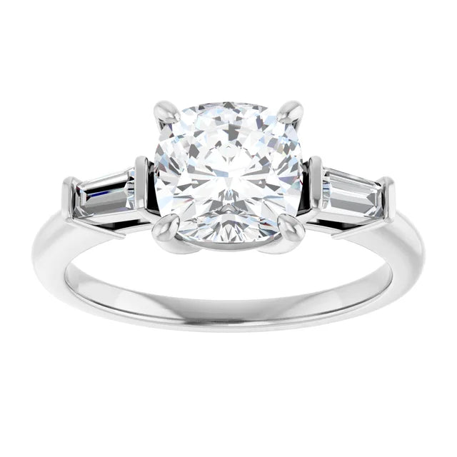 2CT Cushion and baguette three Stone Diamond Engagement Ring Set in white gold or platinum 