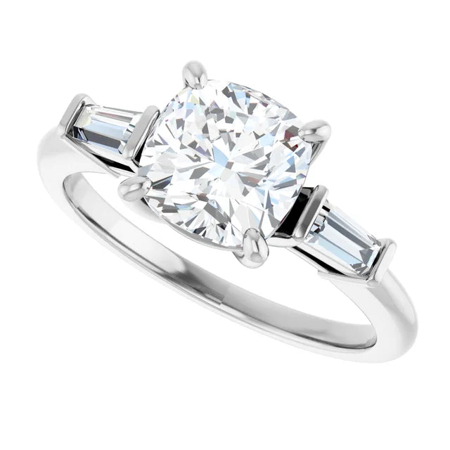 Side Picture for 2CT Cushion and baguette three Stone Diamond Engagement Ring Set in white gold or platinum 