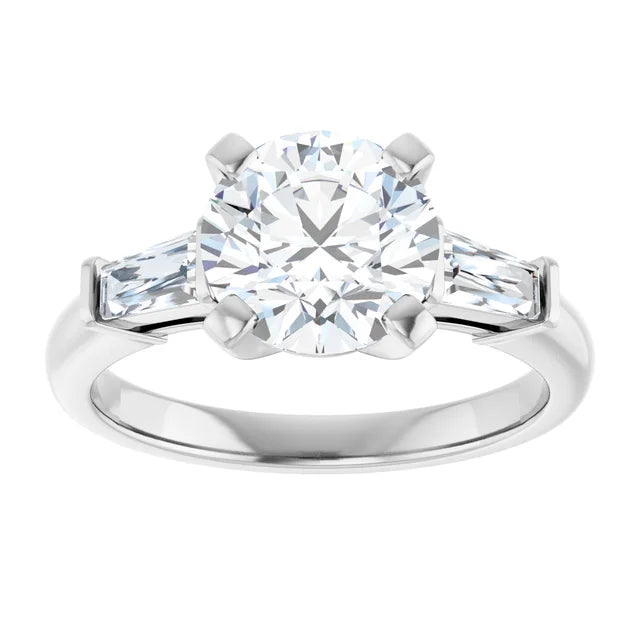 2 CT Weight Round and tapered baguette three Stone Diamond Engagement Ring for Women set in 14K White Gold