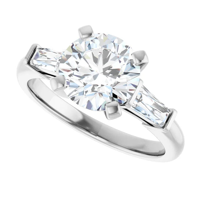 Sideway profile for 2 CT Weight Round and tapered baguette three Stone Diamond Engagement Ring for Women set in white gold or platinum 