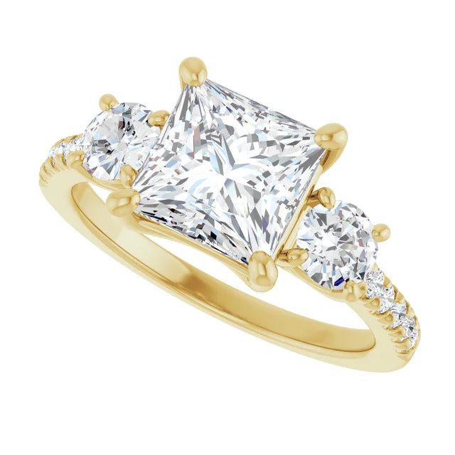 Sideway Picture for 2 CT Princes & Round 3-Stone Diamond Engagement Ring Set in Yellow Gold
