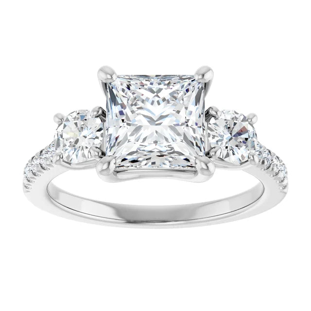 2 CT Princes & Round 3-Stone Diamond Engagement Ring Set in white gold or platinum 
