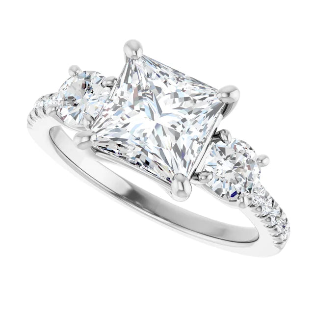 Sideway Picture for 2 CT Princes & Round 3-Stone Diamond Engagement Ring Set in White gold or platinum 