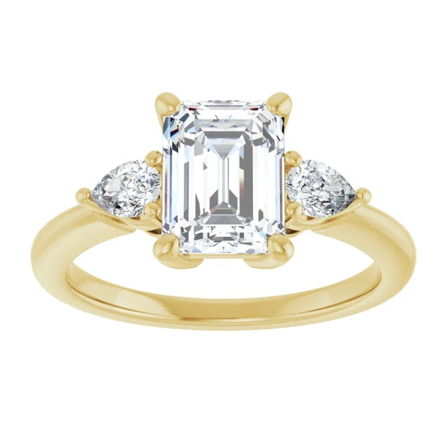 2 CT three Stone Diamond engagement Ring with Emerald Center Stone and two pear Side Stones 