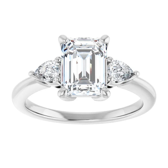 2 CT three Stone Diamond engagement Ring with Emerald Center Stone and two pear Side Stones Set in white gold or platinum 