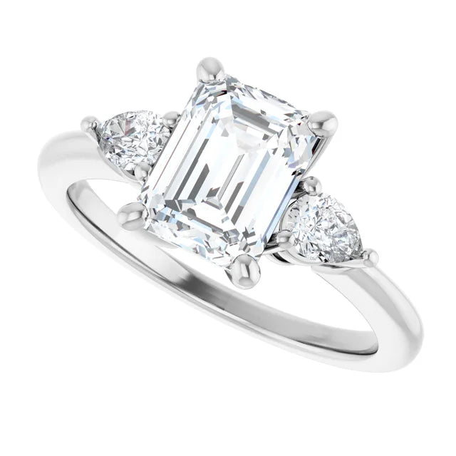 Sideway Picture for 2 CT three Stone Diamond engagement Ring with Emerald Center Stone and two pear Side Stones Set in white gold or platinum 