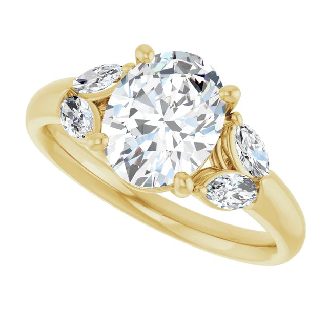 Sideway Picture for 2 CT Oval and Marquise 5-Stone Diamond Engagement Ring for women Set in Yellow Gold