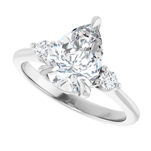 Sideway Picture for 2 CT Pear & Round 3-Stones Diamond engagement Ring For Women Set in white gold or platinum 