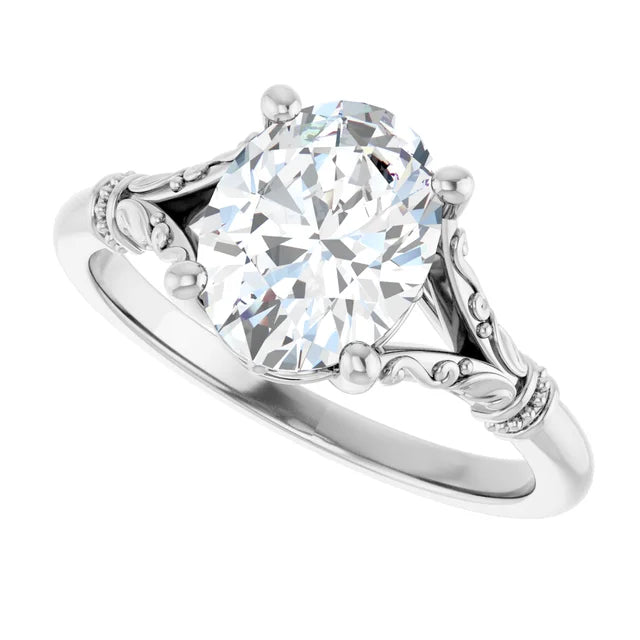 Sideway Picture for 2 CT Split Shank Oval Diamond Engagement Ring set in White gold

