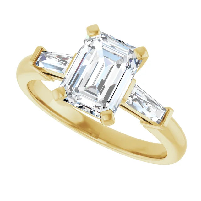 Sideway Picture for 2 CT Emerald Cut and Tapered baguette Diamond Engagement Ring for women Set in Yellow Gold
