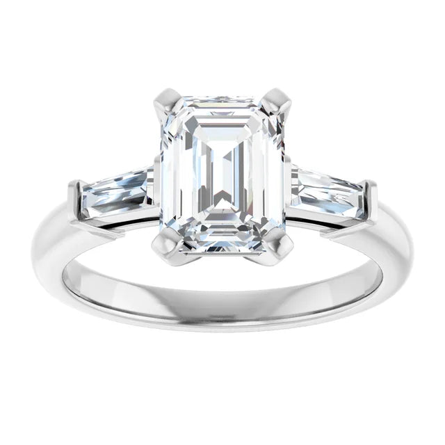 2 CT Emerald Cut and Tapered baguette Diamond Engagement Ring for women Set in white gold or platinum 