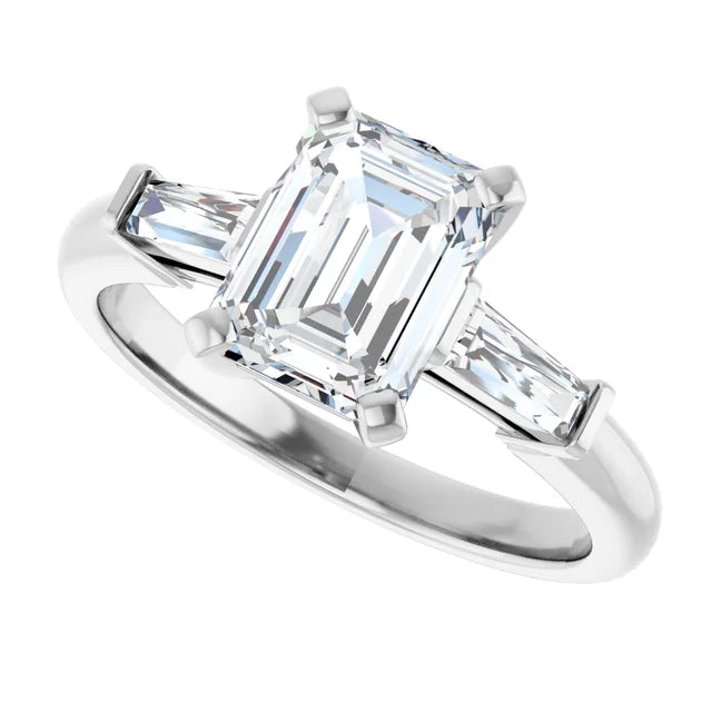 Sideway Picture for 2 CT Emerald Cut and Tapered baguette Diamond Engagement Ring for women Set in white gold or platinum 