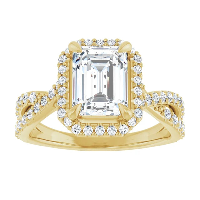 2 1/2 Halo Style Emerald Cut Diamond Engagement Ring with Twisted Shank accented in Diamond 