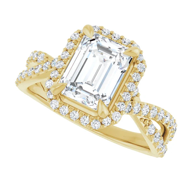 Sideway Picture for 2 1/2 Halo Style Emerald Cut Diamond Engagement Ring with Twisted Shank accented in Diamond Set in Yellow Gold