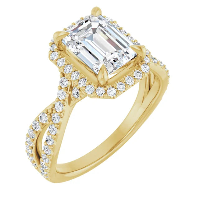 2 1/2 Halo Style Emerald Cut Diamond Engagement Ring with Twisted Shank accented in Diamond Set in Yellow gold
