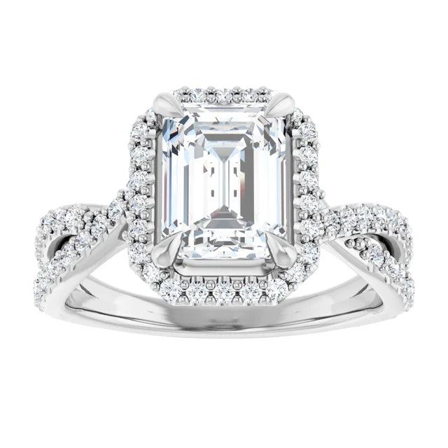 2 1/2 Halo Style Emerald Cut Diamond Engagement Ring with Twisted Shank accented in Diamond Set in Platinum or 14K White Gold