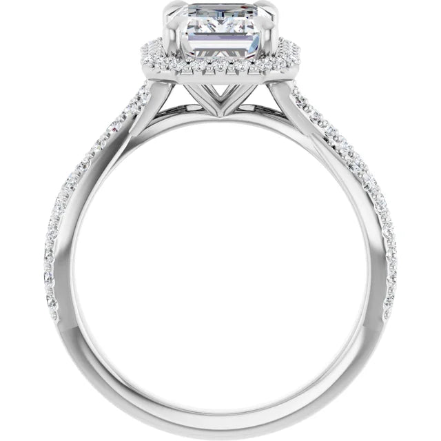 2 1/2 Halo Style Emerald Cut Diamond Engagement Ring with Twisted Shank accented in Diamond in white gold or platinum showing under gallery 