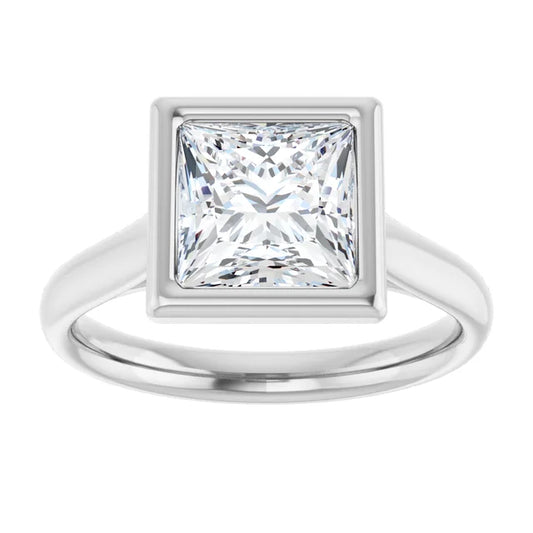2 CT Bezel Set Square Diamond Engagement Ring Set in white gold or platinum 